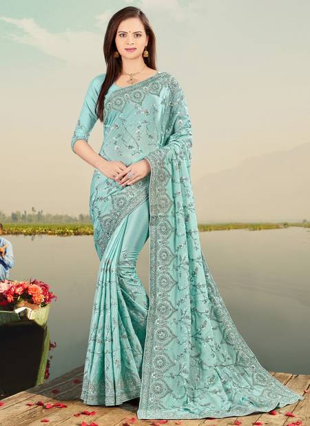 Firoji Colour FIRSTCRY Designer Fancy Party Wear Chinon Heavy Resham Embroidery With Stone Work Latest Saree Collection 5225